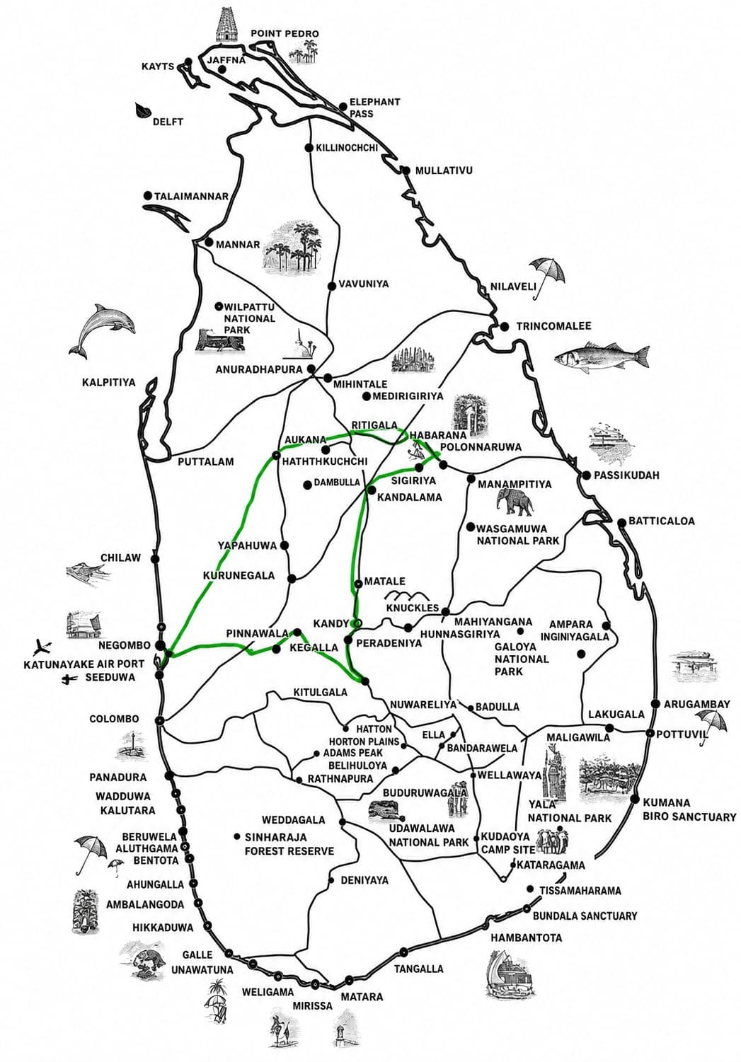 Route map for 5-Day Classic Sri Lankan Discovery