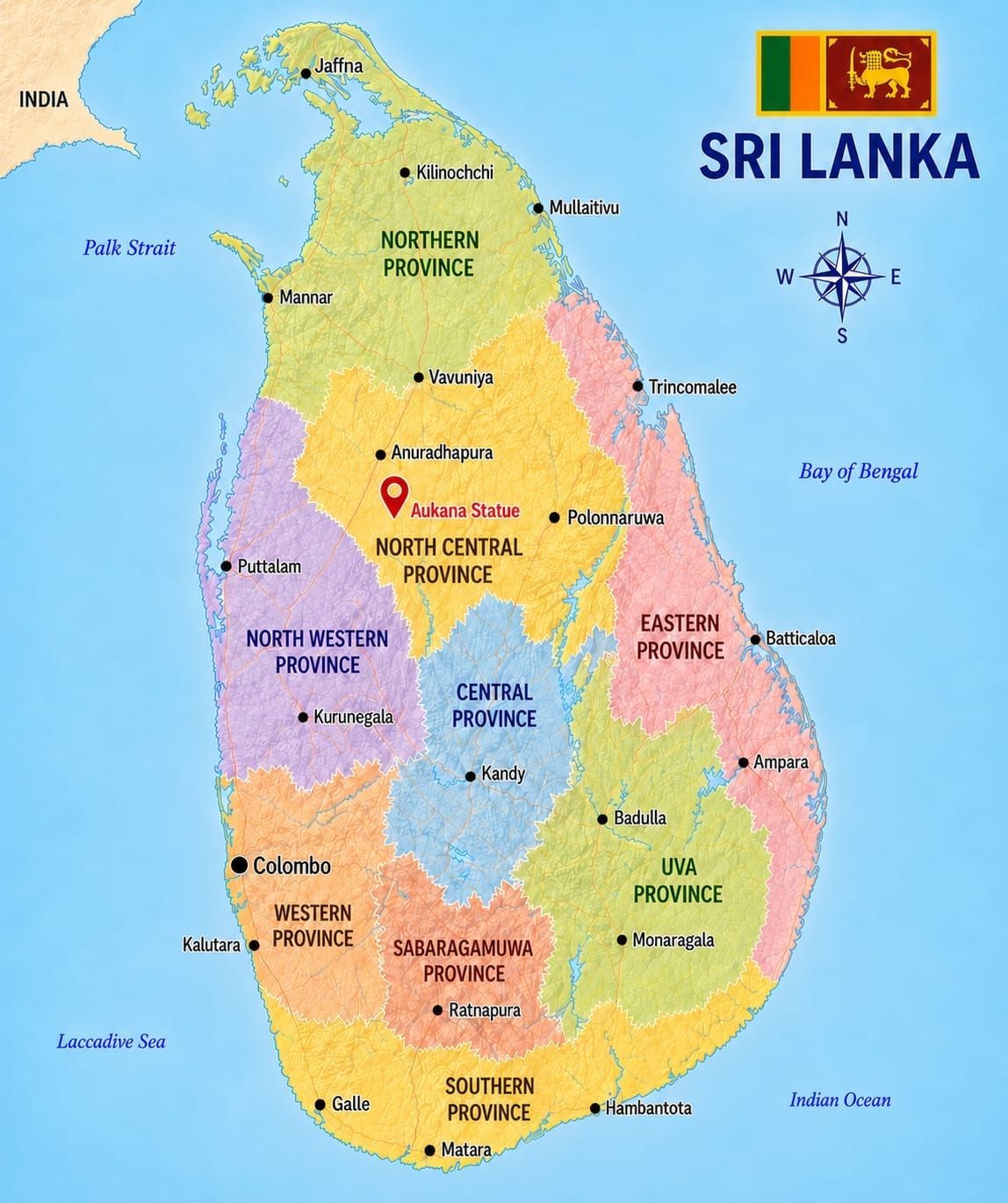 Map showing the location of Aukana Statue in Sri Lanka
