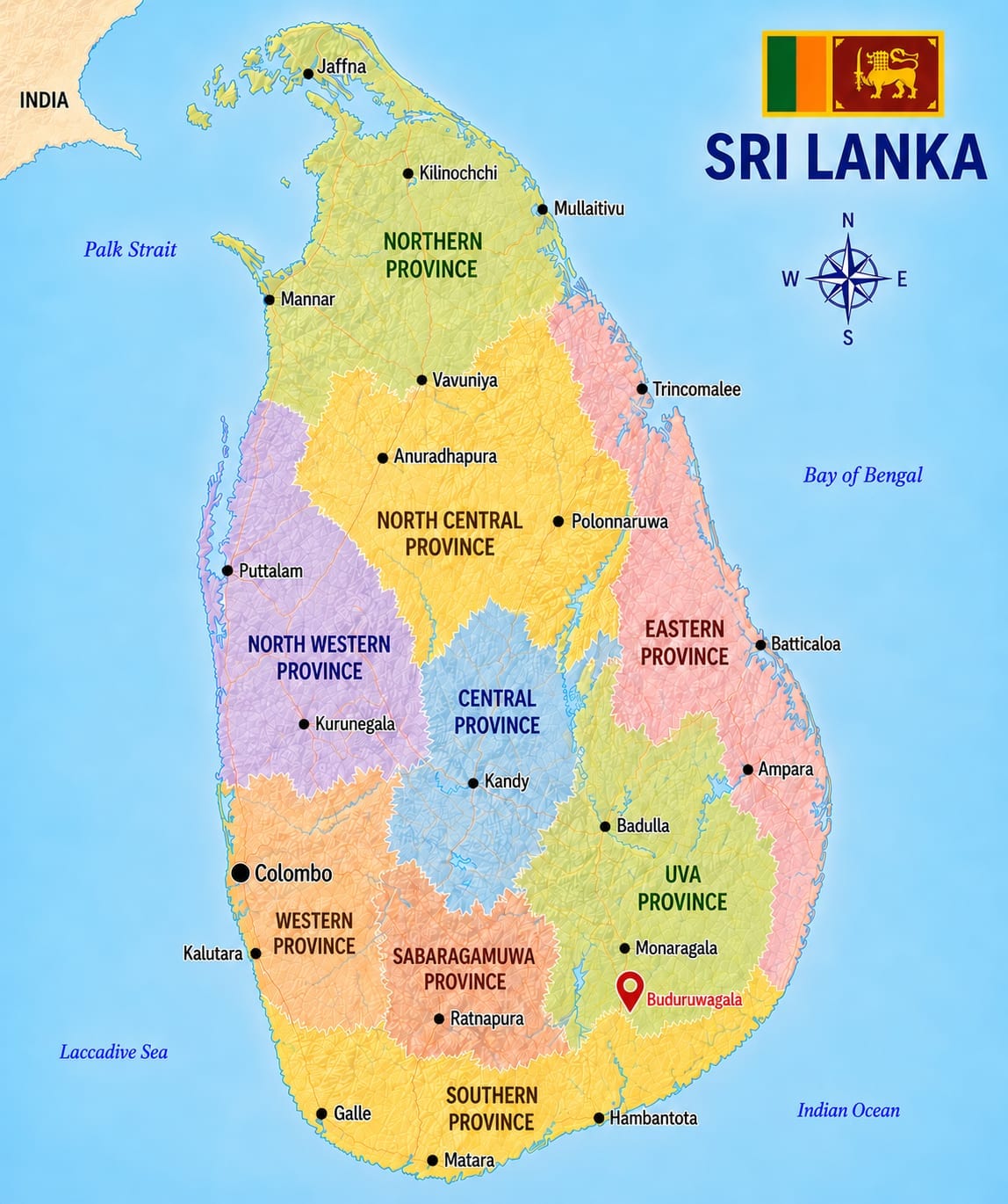 Map showing the location of Buduruwagala in Sri Lanka