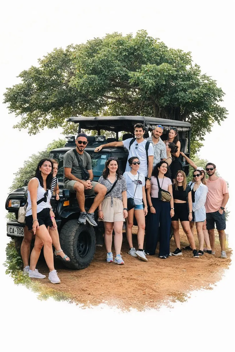 Aloy's Travel Services guests on a group safari tour in Sri Lanka