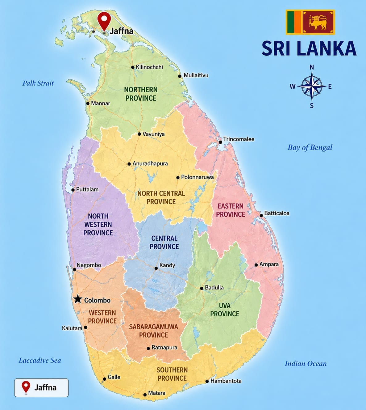 Map showing the location of Jaffna in Sri Lanka