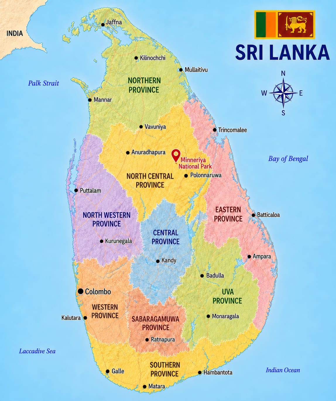 Map showing the location of Minneriya Safari in Sri Lanka