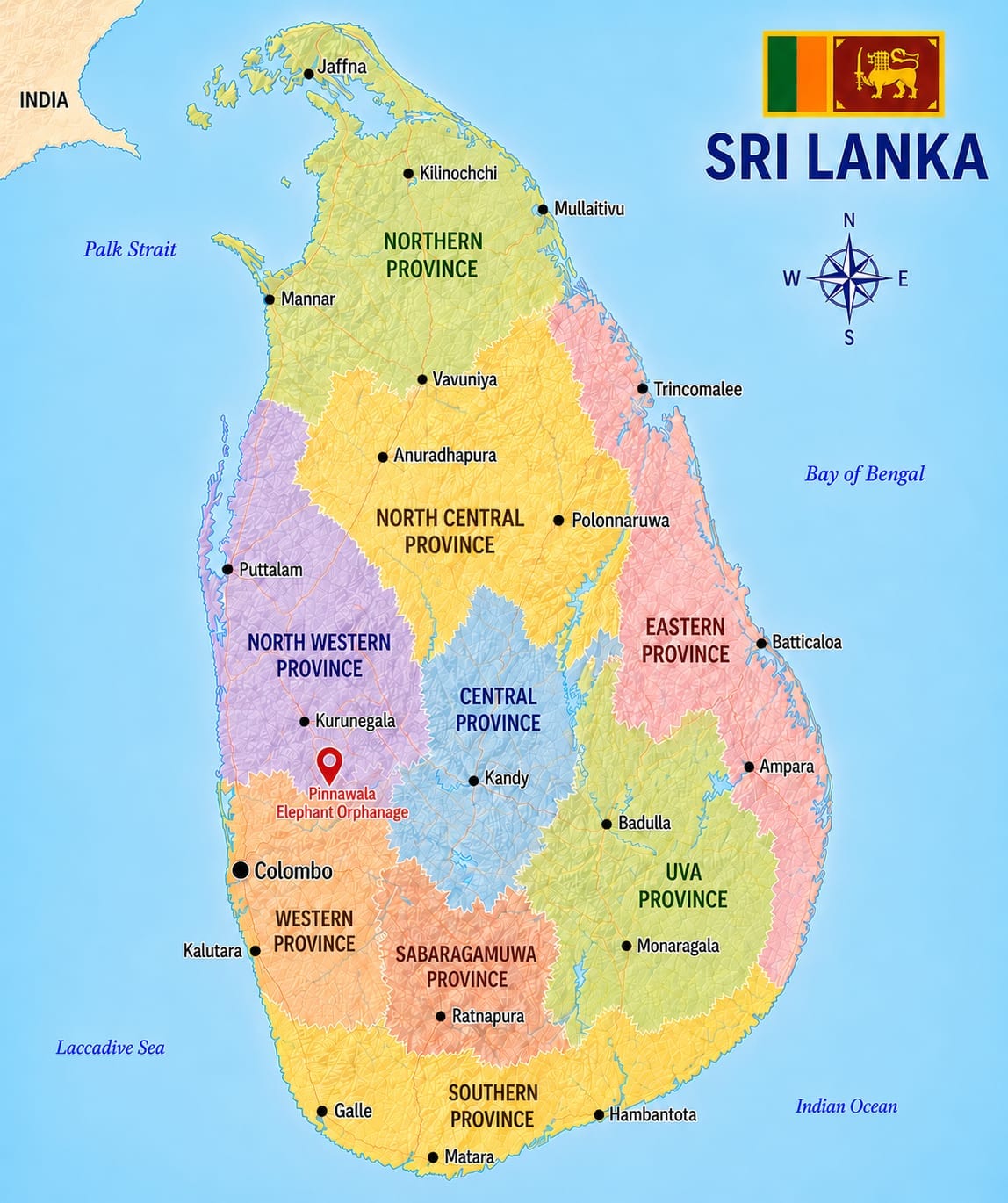 Map showing the location of Pinnawala Elephant Orphanage in Sri Lanka