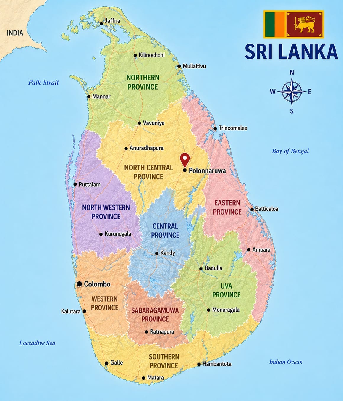 Map showing the location of Polonnaruwa in Sri Lanka