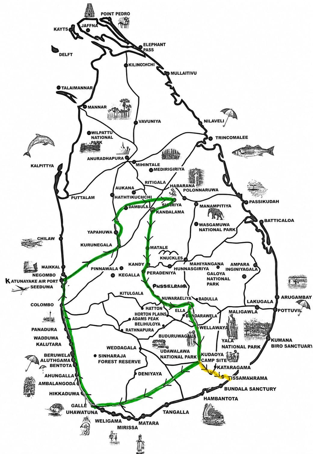 Route map for Seven Days of Ceylon Wonders
