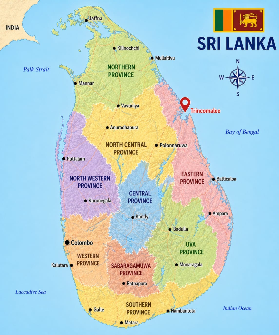Map showing the location of Trincomalee Beach in Sri Lanka